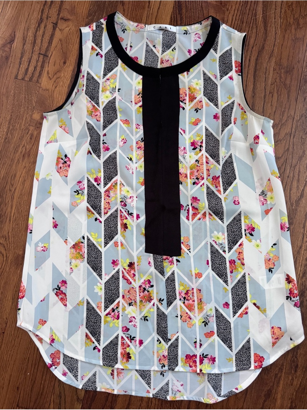 * CAbi Floral Geometric Sleeveless Tank with Black Placket